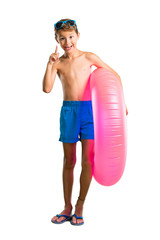 A full-length shot of Child on summer vacation intending to realizes the solution on isolated white background