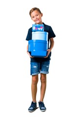 Little kid holding a gifts on isolated white background