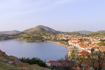 Fototapeta na wymiar Stunning view to Myrina village, Lemnos island, Greece, as seen from the old fortress