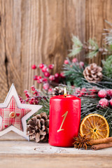 Christmas greeting card. Festive decoration on wooden background. New Year concept. Copy space.  Flat lay. Top view.