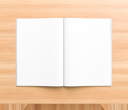 Realistic magazine, brochure, book or catalogue mock up on wooden background. 3D illustration.