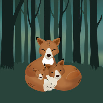 Hand drawn Fox Family in the forest.