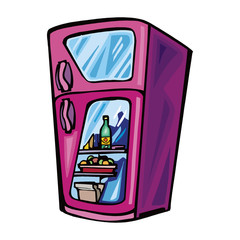 Refrigeration showcase with drinks in colorful bottles in flat style. Soda, lemonade, mineral water. Fridge in shop. Vector illustration.