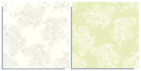Vector set of seamless patterns with wonderful outline oak branch with leaves, acorns, hand-drawn in graphic and real-style at the same time. Tender light colors: white, green. Good cloth ornament