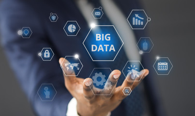 Businessman holding in his hand whole big data network