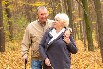Happy elderly couple walking in an autumn park
