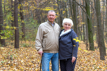 Naklejka na ściany i meble Happy elderly couple walking in an autumn park