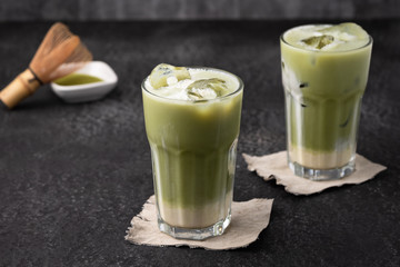 Ice green tea latte food background