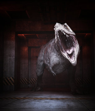 Fototapeta Aggressive dinosaur in restricted area,3d rendering