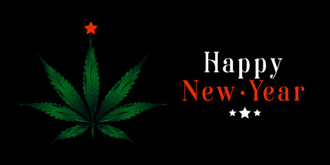 Happy New Year lettering square banner and green leaf Cannabis with red star on a black background. New Year concept. Template greeting card, brochure, poster or banner. Vector illustration