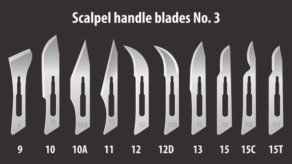 Set of scalpel handle blades No. 3. Manual surgical medical instrument. Vector
