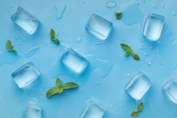 Fresh Summer background with big ice cubes and mint leaves