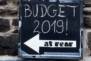 Word writing text Budget 2019. Business photo showcasing estimate of income and expenditure for current year Advertisement concept with empty copy space on the road sign