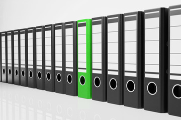 large row of black office folders with one green binder, conceptual archive 3D Illustration