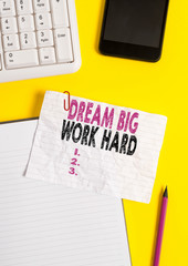 Text sign showing Dream Big Work Hard. Business photo text Believe in yourself and follow the dreams and goals Crumpled white paper on table with paper clips clock mobile and pc keyboard