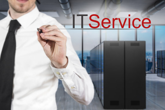 businessman in modern server room writing it service in the air, 3D Illustration