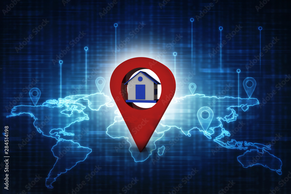 Poster 3d illustration search for property.a map with large red gps pointer containing