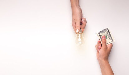 Woman Creating idea and getting money for it on white