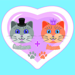 Sticker, logo or icon. Two kittens on a background of pink hearts