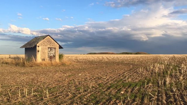 Old barn and empty field after harvesting in sunny day. Panorama picture with mowed wheat field  under  sunny day. Czech Republic. Time lapse
