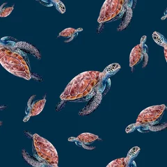 Tapeten Aquarell handgezeichnete Meeresschildkröte isoliert nahtlose Muster. © cosmicanna