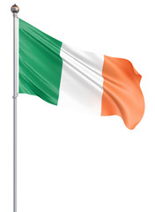 Ireland flag blowing in the wind. Background texture. 3d rendering, wave. Isolated on white.