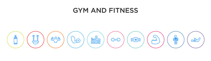 gym and fitness concept 10 outline colorful icons