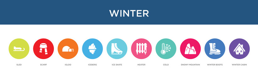 Fototapeta na wymiar winter concept 10 colorful icons