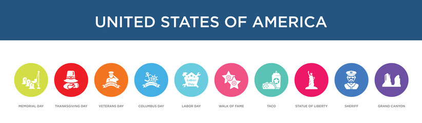 united states of america concept 10 colorful icons