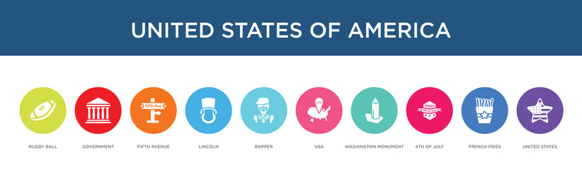 united states of america concept 10 colorful icons