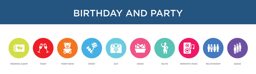 birthday and party concept 10 colorful icons