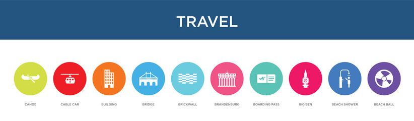 travel concept 10 colorful icons