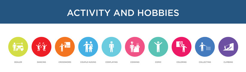 activity and hobbies concept 10 colorful icons