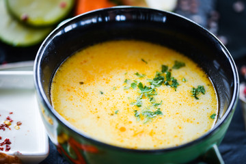salt, onion, soup dish, tasty food, soup bowl, soup pot, sour cream, home made bread, chicken soup, spice, whole grain bread, prepared, culinary, gastronomy, kitchen, leaves, tasty, portion, plate, gr