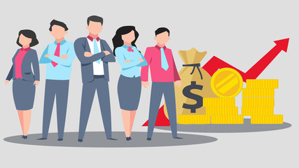 Business People with Money Stack. Rich Businessman and Businesswoman Characters. 