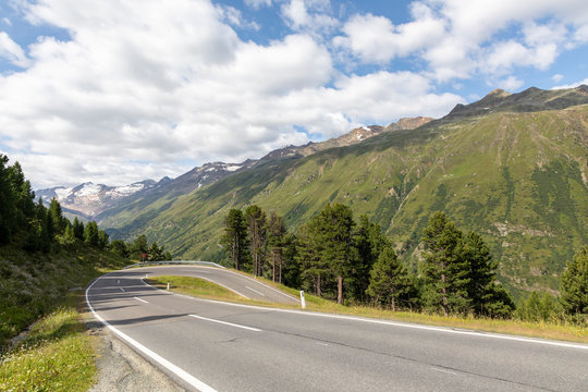 Panoramic view of the Timmelsjoch high alpine road in Texelgruppe nature reserve. Oetztal Alps, South Tyrol, Italy.