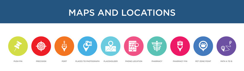 Fototapeta na wymiar maps and locations concept 10 colorful icons