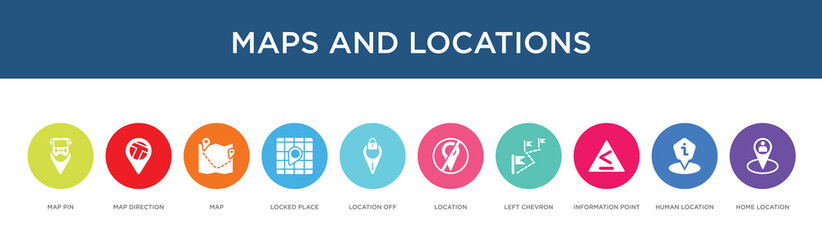 maps and locations concept 10 colorful icons
