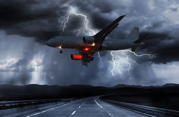 airplane flies in bad weather and storm with lightning bolt - obrazy, fototapety, plakaty