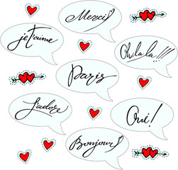 Vector set of stickers with french words and red hearts. Romantic design for studing languages