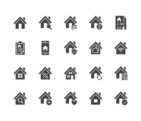 Real estate flat glyph icons set. House sale, home insurance, mortgage calculator, apartment search app, building renovation vector illustrations. Homepage signs. Solid silhouette pixel perfect 64x64