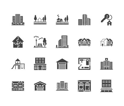 Real estate flat glyph icons set. House sale, commercial building, country home area, skyscraper, mall, kindergarten vector illustrations. Infrastructure signs. Solid silhouette pixel perfect 64x64