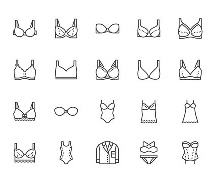 Lingerie flat line icons set. Bras types, woman underwear, maternity bra, chemise, pyjamas, swimwear, corset vector illustrations. Thin signs for clothes store. Pixel perfect 64x64. Editable Strokes