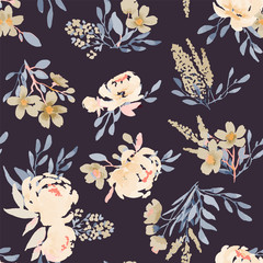 Obraz premium Dark seamless pattern with peonies made in the style of watercolor painting. Large bouquets with peonies, floral spring, summer pattern. For weddings, fabrics, packaging.