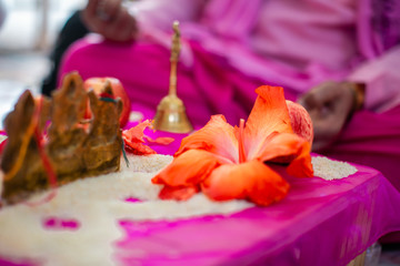 Indian wedding and pre wedding ritual pooja items close up