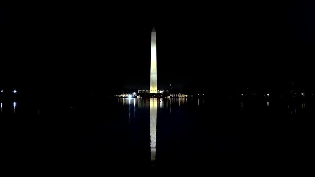 Reflecting Pool with Washington Monument seen from the Lincoln Memorial at night.  Washington, D.C., USA.
