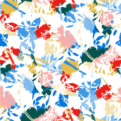 Fototapeta na wymiar Seamless pattern with colorful flowers and leaves. Peonies, wildflowers, poppies. Abstract floral spring, summer pattern. Bright, juicy background for a wedding, fabrics, packaging.