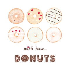 Fototapeta premium Romantic card of collection glazed donuts pastel colors and text with love on white background. Vector illustration in flat style.