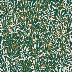 Seamless pattern with plant leaves, made in watercolor style. Botanical, environmental background with different shapes of leaves. Green interwoven plants create a green cover.