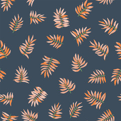 Dark blue with pink tropical seamless pattern with leaves of plants, made in watercolor style. Botanical, environmental background with different shapes of leaves.